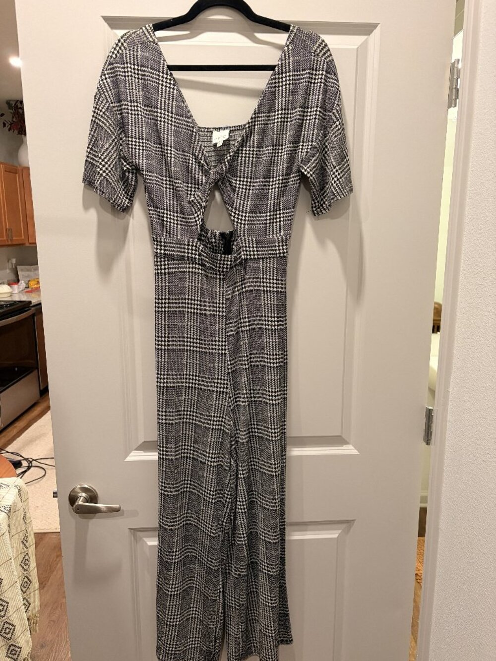 Women's Small black and white plaid print checkered jumpsuit